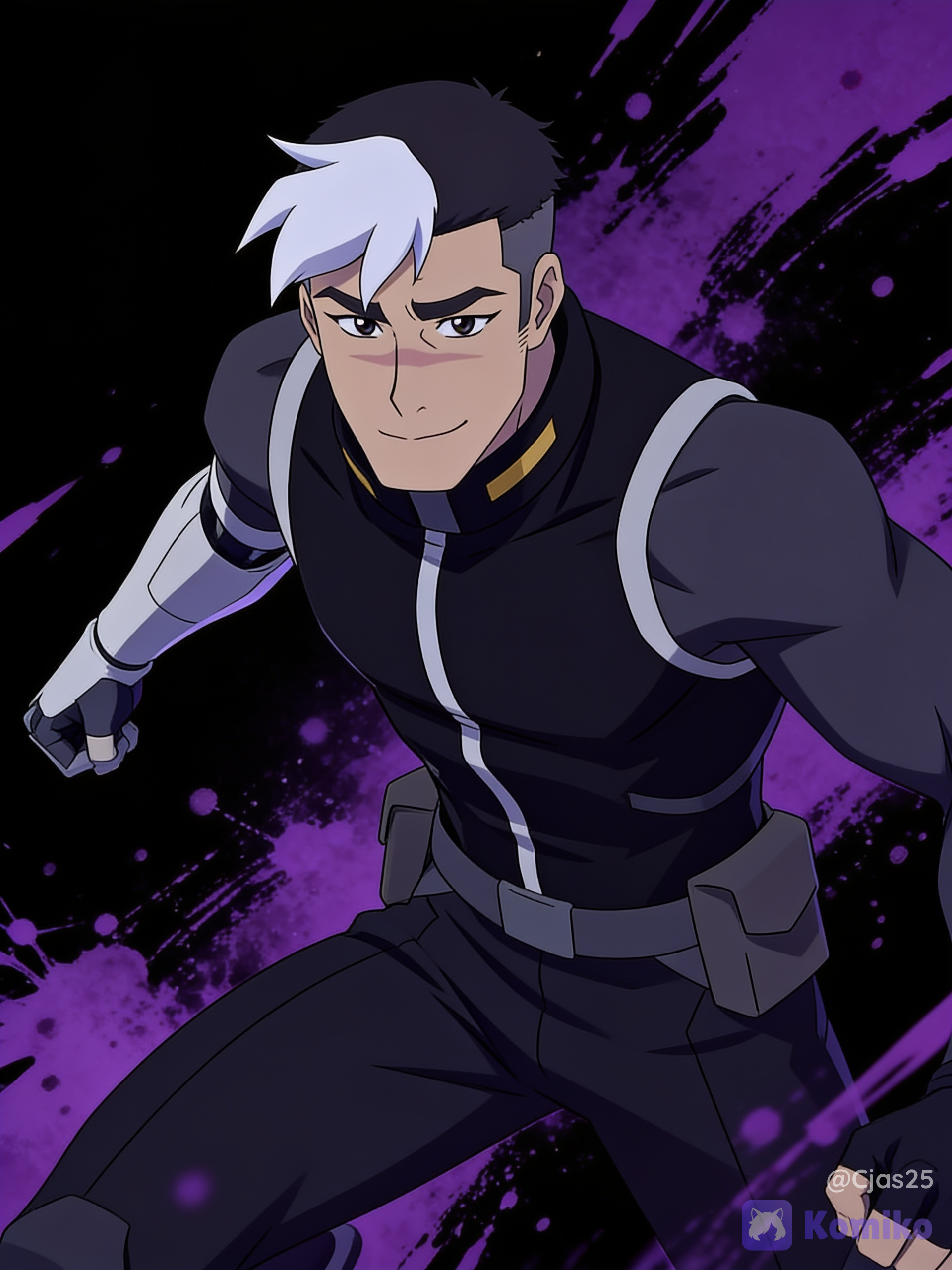 He has short, styled dark hair with a prominent, thick white tuft at the front of his bangs and a shaved, light gray undercut on the sides. He has sharp facial features, thick dark eyebrows, light-colored eyes, and a small horizontal scar across the bridge of his nose. He is shown with a calm, subtle smile. He possesses a tall, athletic, and muscular physique. He is wearing a dark, form-fitting tactical uniform. The main vest portion is black with a vertical silver zipper down the center and gold accents on the high collar. His right arm is a robotic prosthetic, colored in white, light gray, and dark gray segmented panels.H e wears a dark gray utility belt with two rectangular pouches resting on his hips. Black background with purple paint and ink splats, dynamic pose, low dramatic angle, cinematic lighting, battle ready
