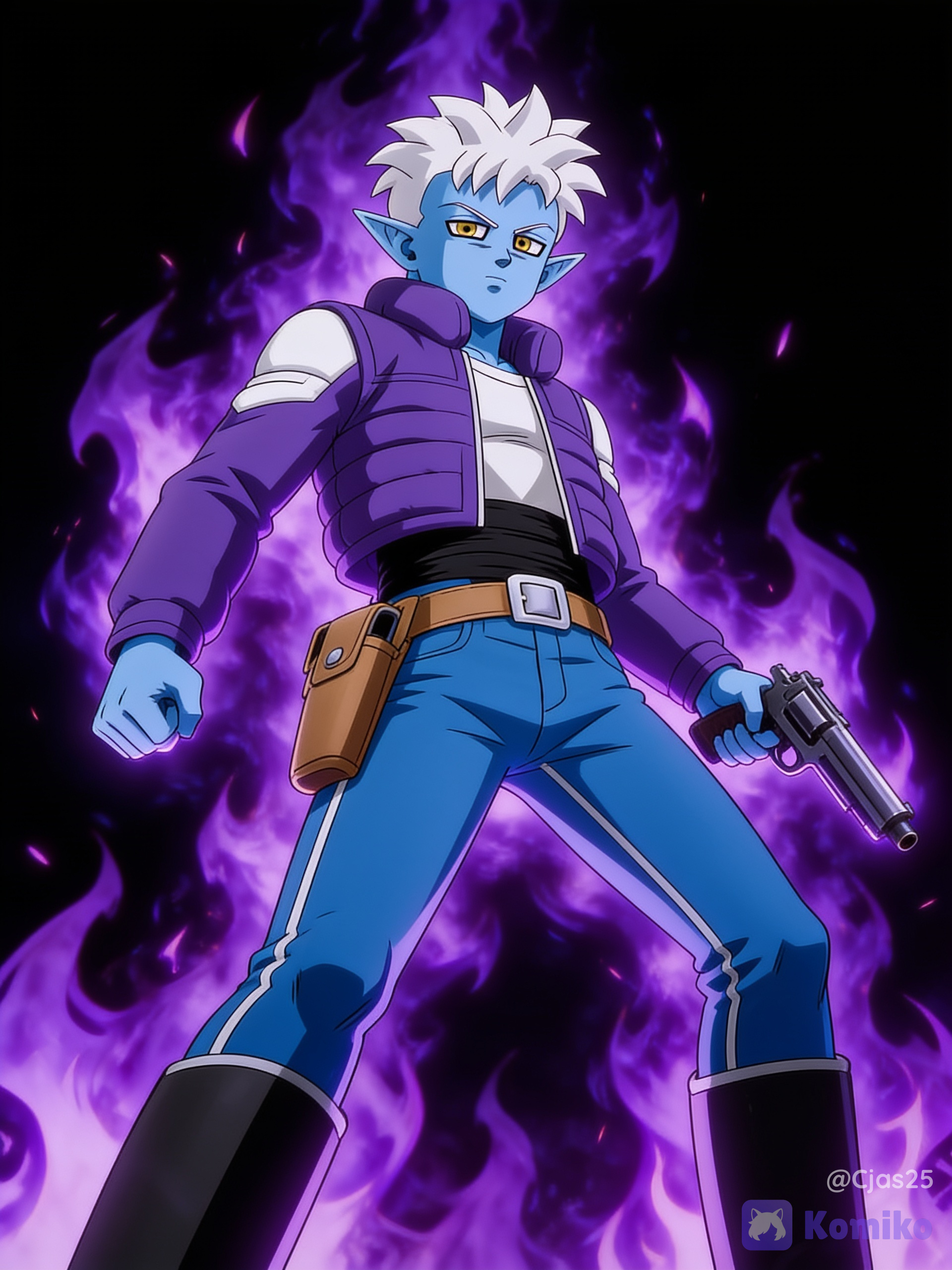 He has distinctive, pale blue skin. His hair is short, spiky, and pure white. He has narrow, intense golden-yellow eyes with dark outlines. He possesses long, sharply pointed ears, he has a slender but athletic physical frame. He wears a distinct, quilted purple puffer or bomber jacket that features white accent lines on the shoulders. Underneath his jacket, he wears a simple white undershirt, he wears bright blue jeans with fine white linings along the outer seams, thick black sash or belt around his waist and tall black boots that his pants are neatly tucked into. He sports a light brown utility holster with a silver buckle strapped to his right hip, which houses his signature blaster weapon. Black background with purple fire, dynamic pose, low dramatic angle, cinematic lighting