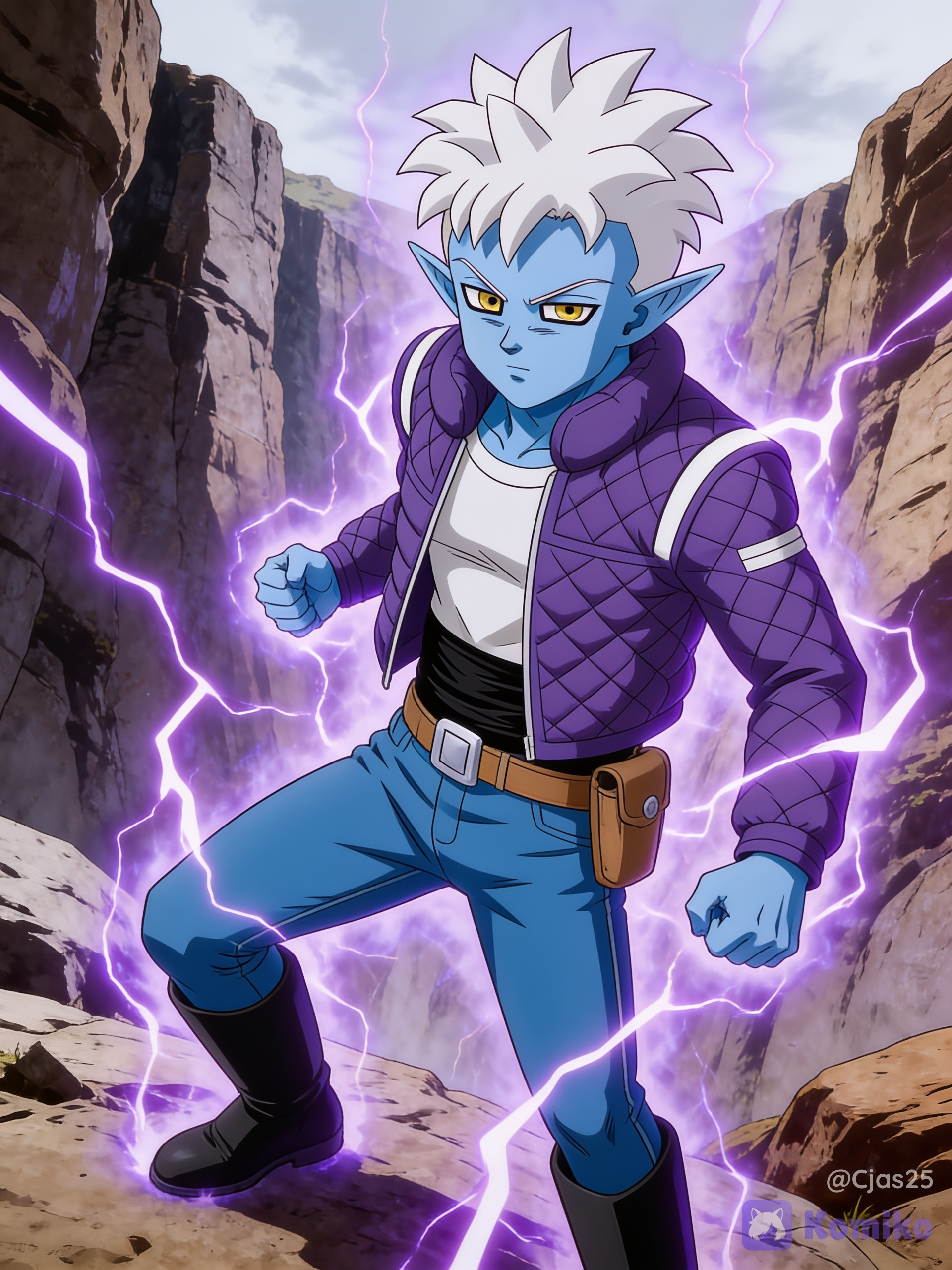He has distinctive, pale blue skin. His hair is short, spiky, and pure white. He has narrow, intense golden-yellow eyes with dark outlines. He possesses long, sharply pointed ears, he has a slender but athletic physical frame. He wears a distinct, quilted purple puffer or bomber jacket that features white accent lines on the shoulders. Underneath his jacket, he wears a simple white undershirt, he wears bright blue jeans, thick black sash or belt around his waist and tall black boots that his pants are neatly tucked into. He sports a light brown utility holster with a silver buckle strapped to his right hip. Purple aura radiating crackling energy, rocky canyon background, dynamic angle, akira toriyama clean line shonen art style