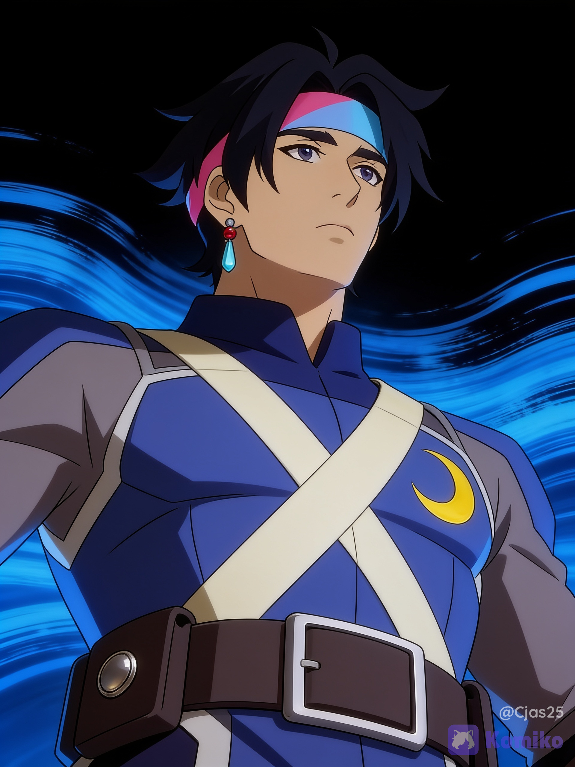 Spiky black hair that is short to medium in length, with several messy strands framing his face and forehead. A two-toned headband wrapped around his forehead, which is pink on the right side and light blue on the left. A sharp, defined jawline, a notable dangle earring on his right ear, featuring a small red bead at the lobe and a longer, light-blue teardrop gemstone hanging below it. A blue and grey tunic or armored top with a high collar.A distinctive light-colored diagonal strap or trimming across his chest. A crescent moon emblem (yellow/gold) visible on the left side of his chest armor. A thick, dark brown utility belt or waistband with a prominent rectangular front buckle and round metallic detailing on the side. Black background with blue waves strokes, dynamic pose, low dramatic angle, cinematic lighting, ultra