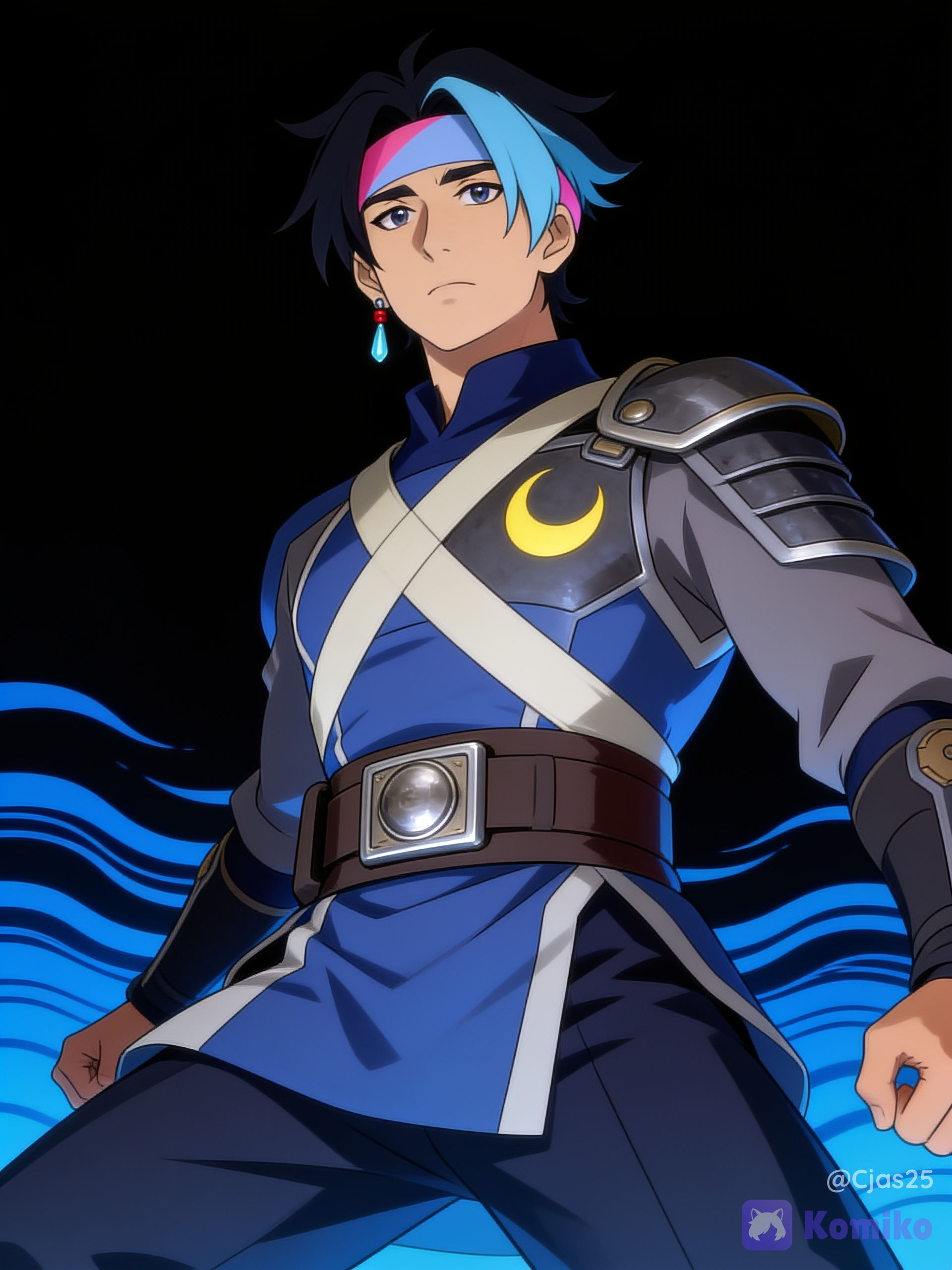 Spiky black hair that is short to medium in length, with several messy strands framing his face and forehead. A two-toned headband wrapped around his forehead, which is pink on the right side and light blue on the left. A sharp, defined jawline, a notable dangle earring on his right ear, featuring a small red bead at the lobe and a longer, light-blue teardrop gemstone hanging below it. A blue and grey tunic or armored top with a high collar.A distinctive light-colored diagonal strap or trimming across his chest. A crescent moon emblem (yellow/gold) visible on the left side of his chest armor. A thick, dark brown utility belt or waistband with a prominent rectangular front buckle and round metallic detailing on the side. Black background with blue waves strokes, dynamic pose, low dramatic angle, cinematic lighting, full body ultra