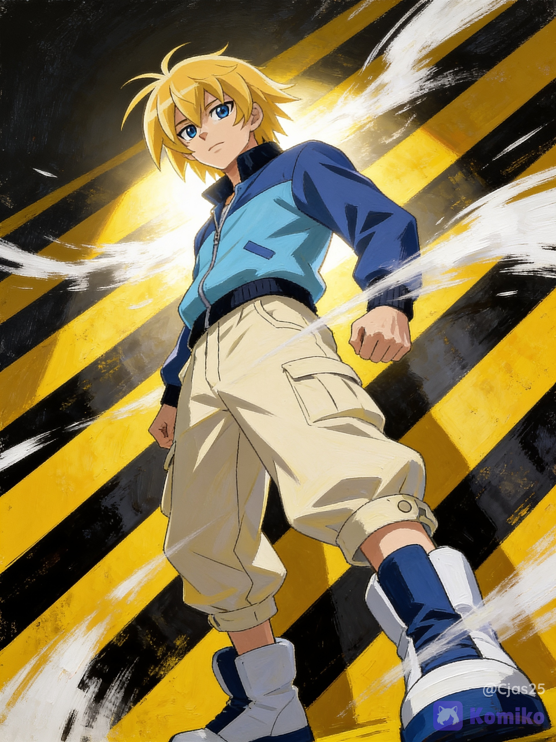 Bright blonde hair, large, expressive blue eyes, slender and athletic build. Wearing a two-toned blue jacket featuring dark blue sleeves and shoulders paired with a lighter sky-blue torso. The jacket has a high dark collar and dark cuffs. Loose-fitting, baggy cream or light beige cargo-style trousers that taper slightly near the ankles.Sporty high-top sneakers matching his jacket, designed in a mix of white, dark blue, and light blue. Low-angle heroic portrait of a cool, confident blonde male anime warrior. Dramatic cinematic lighting with strong rim light, windy white gusts crackling around him, bold yellow-and-black hazard stripe background, dynamic foreshortening and wide-angle perspective, high-detail cel-shaded anime style blended with painterly textures, crisp linework, rich saturated colors, high contrast shadows, textured fabric folds, subtle film grain, intense defiant expression, powerful atmospheric mood, vertical composition emphasizing dominance and attitude.