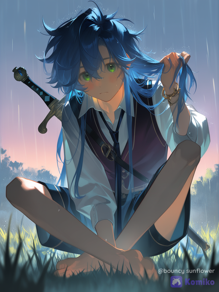 A guy who looks like a girl*, loose hair, side part, messy hair, blue hair, green eyes, vest, wide-leg shorts, silk, translucent fabric, bracelet из цепочки, sword в ножнах за спиной, tie, barefoot, klein blue, gradient, burgundy, navy blue, closeup, sle, twilight, rainy, grassland, holding sign, holding hair, headshot, looking at viewer, blush, [aqua-dreamlight-style]