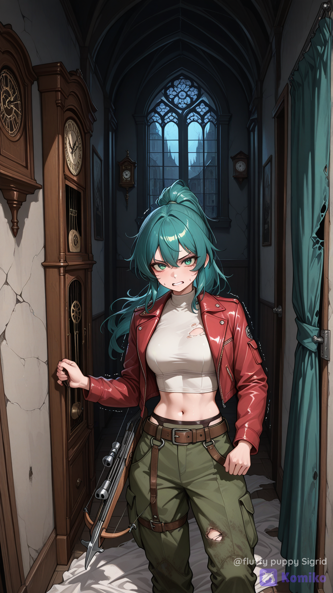 @kali-bVXU, ultra-anime style, casa gótica, casa abandonada, pasillo largos, pasillo lúgubre, Pasillos estrechos, paredes descascaradas, paredes con moho, muros agrietados, ventanas rotas, ventana con tablones, cortinas desgarradas, cortinas que se mueven con el viento, Puerta entreabierta, marcas de óxido en las bisagras, una luz tenue que entra por la venta (luna), Sensación de humedad y abandono, con polvo flotando en el aire, un cuadro torcido, un reloj (grandfather clock) detenido, grandfather clock con la carátula quebrada, muebles cubiertos con sábanas viejas, Highly breathtaking terror, rich textures, dramatic cinematic lighting, shading, expresión de duda, ojos con expresión de miedo, labios mordidos por tensión y miedo