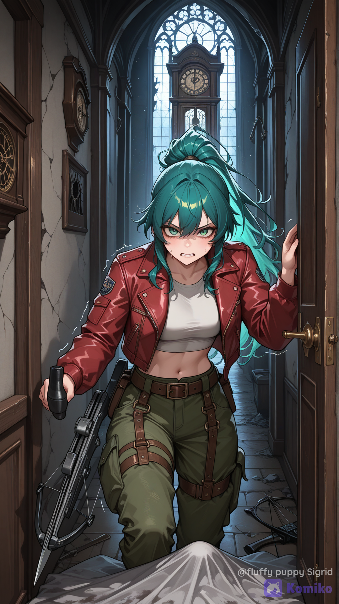 @kali-bVXU, ultra-anime style, casa gótica, casa abandonada, pasillo largos, pasillo lúgubre, Pasillos estrechos, paredes descascaradas, paredes con moho, muros agrietados, ventanas rotas, ventana con tablones, cortinas desgarradas, cortinas que se mueven con el viento, Puerta entreabierta, marcas de óxido en las bisagras, una luz tenue que entra por la venta (luna), Sensación de humedad y abandono, con polvo flotando en el aire, un cuadro torcido, un reloj (grandfather clock) detenido, grandfather clock con la carátula quebrada, muebles cubiertos con sábanas viejas, Highly breathtaking terror, rich textures, dramatic cinematic lighting, shading, expresión de duda, ojos con expresión de miedo, labios mordidos por tensión y miedo