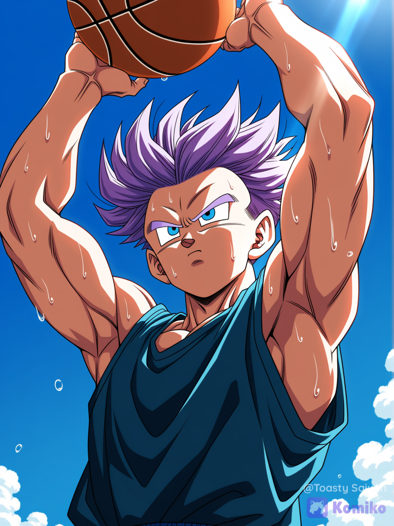 dragon ball z art style, 1boy, muscular @Trunks_(Future)_(Dragon_Ball) with purple hair attempting basketball jump shot. Sweaty, closeup, upper body, fit, outdoors, wearing sleeveless shirt[bold-anime-screencap-style]