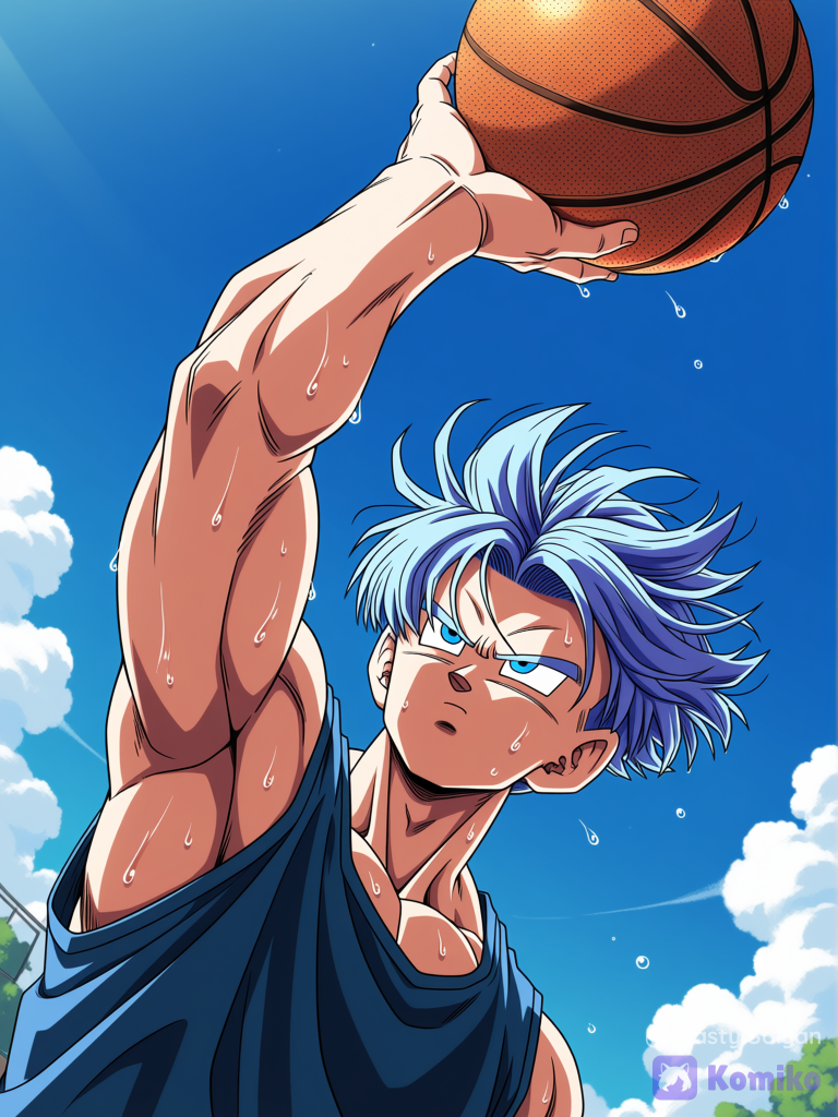dragon ball z art style, 1boy, muscular @Trunks_(Future)_(Dragon_Ball) with purple hair dunking basketball into hoop. Sweaty, closeup, upper body, fit, outdoors, wearing sleeveless shirt[bold-anime-screencap-style]