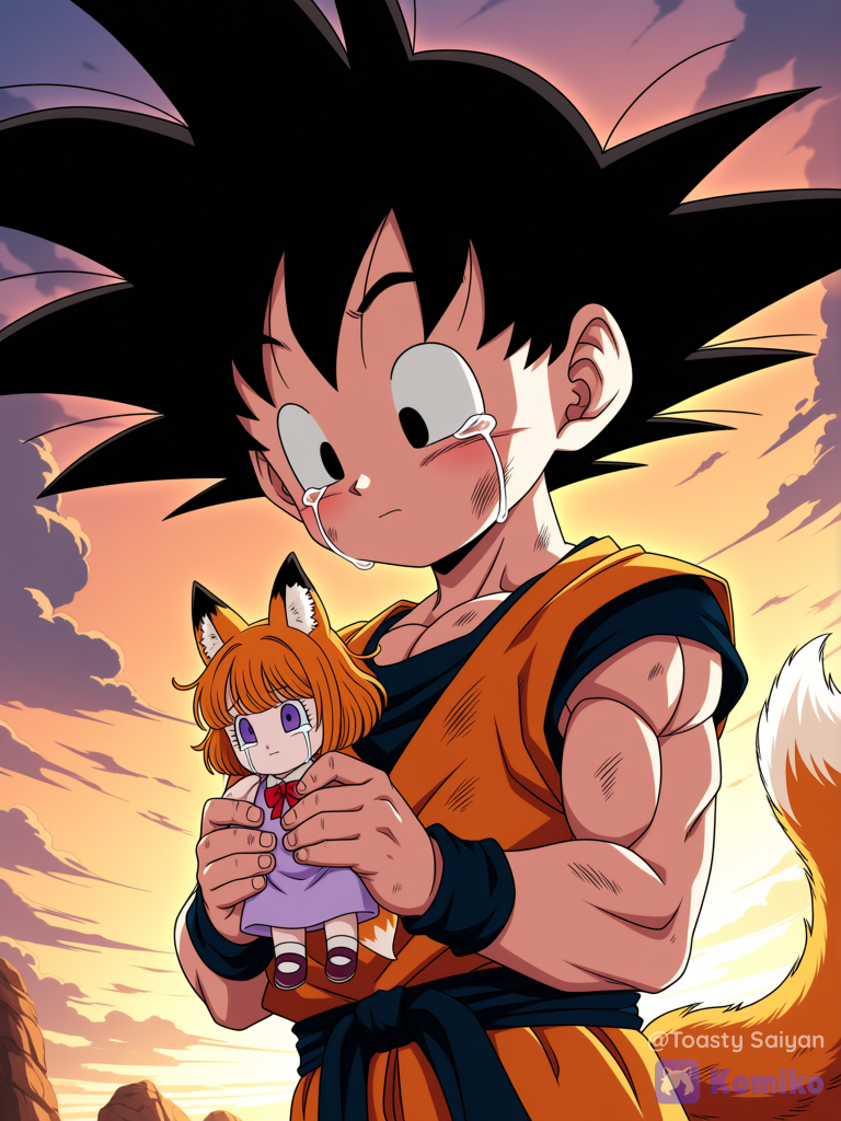 dragon ball z art style, 1boy, child @Son_Goten outside crying, holding a dead @Komiko_Chan doll, fit, upper body, dirty, wearing shorts and sleeveless shirt, closeup, [bold-anime-screencap-style]