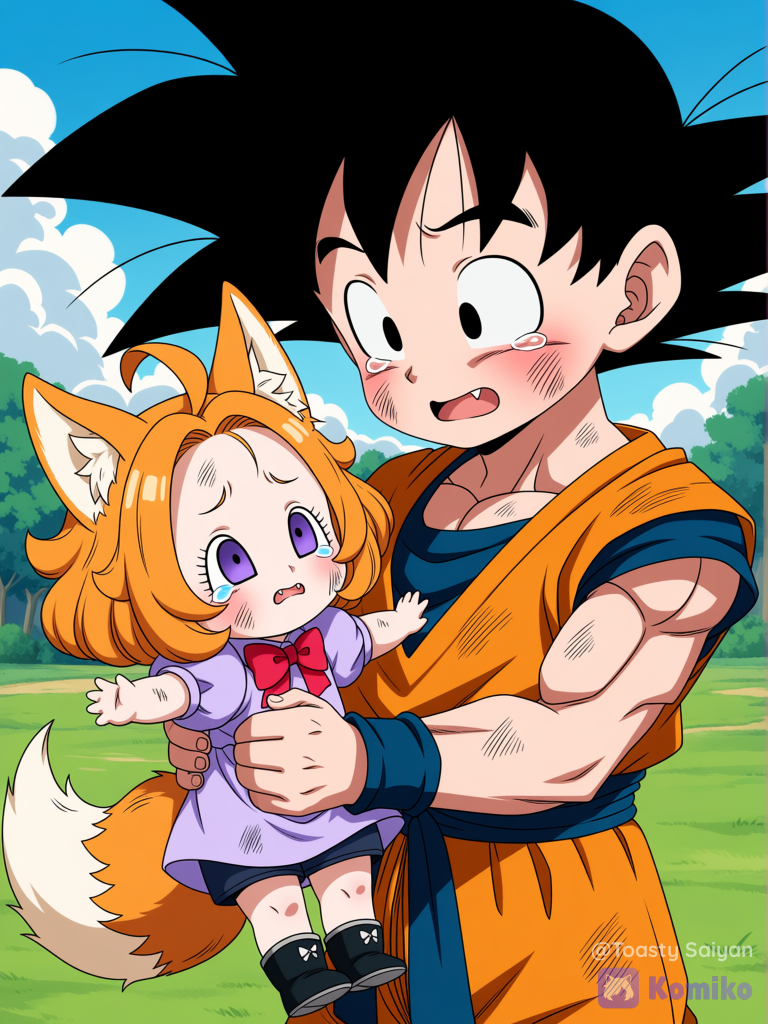 dragon ball z art style, 1boy, child @Son_Goten outside crying, holding a torn @Komiko_Chan doll, fit, upper body, dirty, wearing shorts and sleeveless shirt, closeup, [bold-anime-screencap-style]
