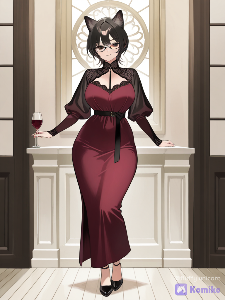 Mujer, De 1.72 de altura, Curvi línea, Pelo negro, ojos cafés oscuros, lentes negros, pelo estilo Wolf cut, vestido color vino