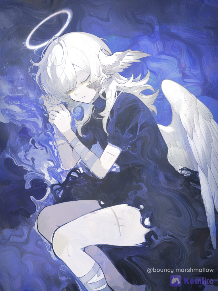 1girl, solo, pale, short, white hair, messy hair, long hair, long bangs, wolf cut, messy bangs, purple eyes, hair wings, wings, tattoos, halo, blush, sleepy, depressed, scars, purple theme, bandaged arms, bandaged legs, black dress, closed mouth, sad, watercolor style, soft gradients, visible brushstrokes, delicate linework, cool shadows, soft highlights, masterwork, [watercolor-illustration-style], moon background, nighttime, laying down, sleeping