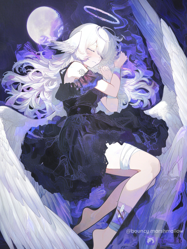 1girl, solo, pale, short, white hair, messy hair, long hair, long bangs, wolf cut, messy bangs, purple eyes, hair wings, wings, tattoos, halo, blush, sleepy, depressed, scars, purple theme, bandaged arms, bandaged legs, black dress, closed mouth, sad, watercolor style, soft gradients, visible brushstrokes, delicate linework, cool shadows, soft highlights, masterwork, [watercolor-illustration-style], moon background, nighttime, laying down, sleeping