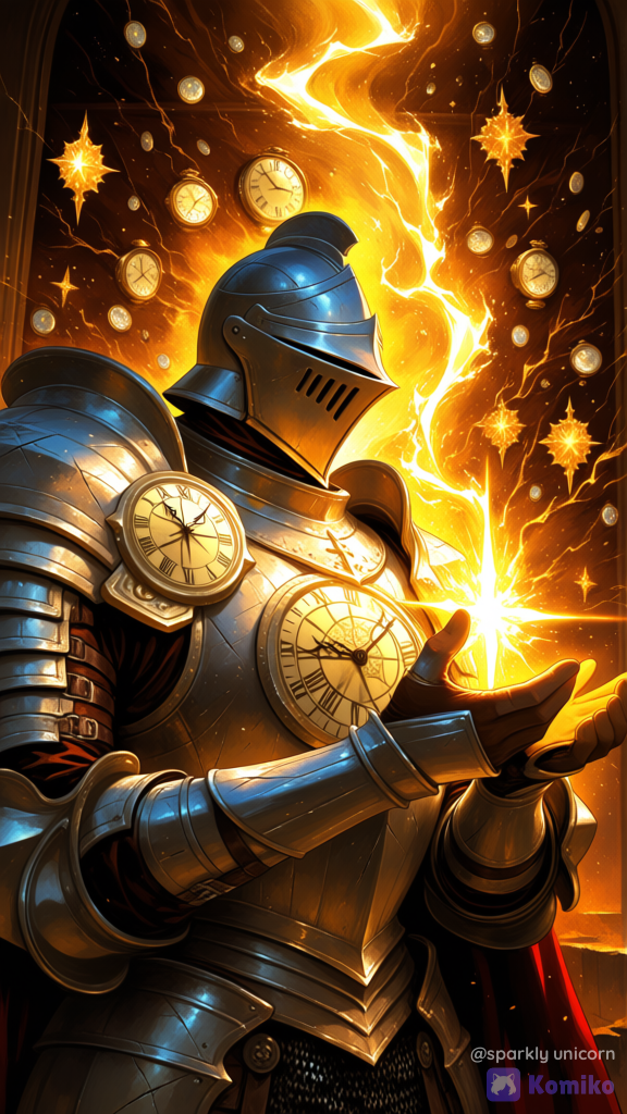 Ultra-cinematic shot of a weary knight, exquisite battle-worn steel plate armor, intricate ornate engravings, deep scratches, fresh dents, singed edges, standing inside a glowing mystical time-loop checkpoint. Knight is looking at their hands in disbelief as their body subtly glimmers and pixelates with chronological distortion, snapping back to life. Ethereal golden hour light, swirling temporal particles Thousands of floating, glowing chronological particles, shattered glass shards, and magical embers fill every inch of the atmosphere. Strong dramatic contrast, volumetric god rays piercing through the scene, rich vivid colors, epic heavy textures, jaw-dropping detail density The scene features intense strong contrast and rich vivid colors, shifting the palette away from blue to volatile, fiery oranges, radiant golds, and deep crimson reds. Networks of blindingly bright orange and golden temporal lightning arcs and chaotic energy tendrils violently wrap around the knight’s body. Intricate floating elements explicitly fill the atmosphere: glowing clock cogs, rotating mechanical clockwork gears, celestial Roman numeral clock faces, and floating shattered hour glasses pouring glowing sand. Clean dramatic shadows, highly eye-catching focal points, jaw-dropping theme density., [sweet-painting-style]