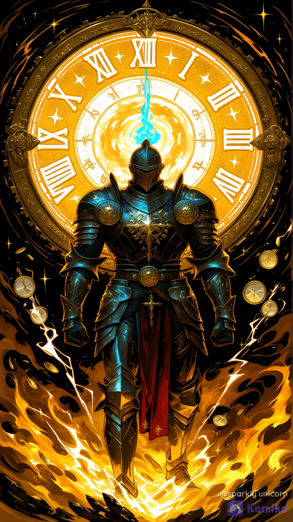 hyper-3D fantasy illustration, octane render style, intricate maximalist composition with extreme high-frequency detail. Ultra-cinematic full shot of a powerful muscular knight with an incredibly buff towering physique. Wearing legendary black and gold, hyper-battle-worn steel plate armor, covered in millions of microscopic scratches, deep battle dents, and ultra exquisite silver engravings with sharp metallic reflections. The scene features intense strong contrast and rich vivid colors of volatile, fiery oranges, radiant golds, and deep crimson reds. Networks of blindingly bright orange and golden temporal lightning arcs and chaotic energy tendrils violently wrap around the knight’s body, swirling aura vortex of blue and gold with gold sparkles, Intricate floating elements explicitly fill the atmosphere: glowing clock cogs, rotating mechanical clockwork gears, celestial Roman numeral clock face in background, and floating shattered hour glasses pouring neon glowing sand. Clean dramatic shadows, highly eye-catching focal points, jaw-dropping theme density, high intensity contrast, [sweet-painting-style]
