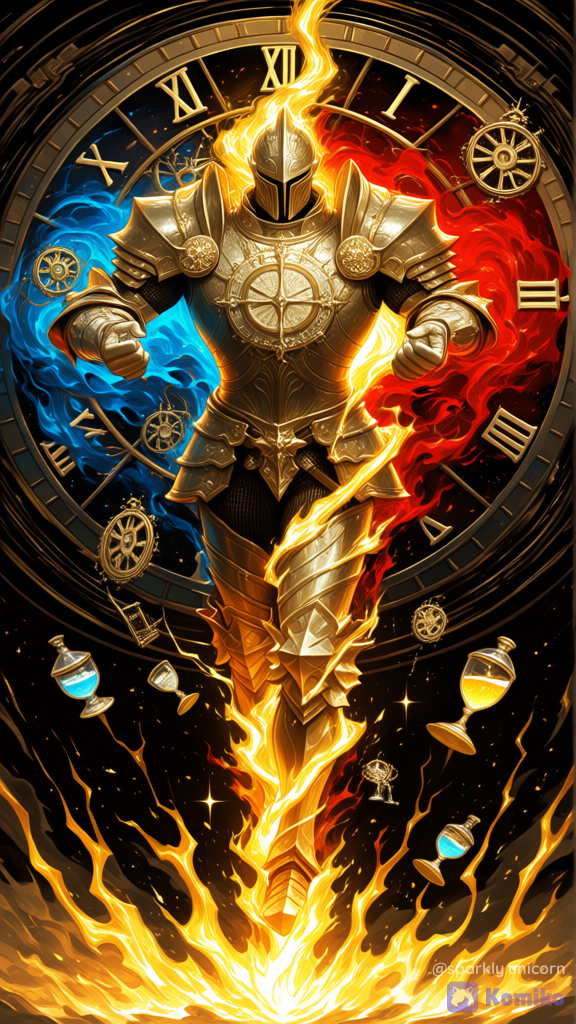 hyper-3D fantasy illustration, octane render style, intricate maximalist composition with extreme high-frequency detail. Ultra-cinematic full shot of a powerful muscular knight with an incredibly buff towering physique. Wearing legendary black and gold, hyper-battle-worn steel plate armor, covered in millions of microscopic scratches, deep battle dents, and ultra exquisite silver engravings with sharp metallic reflections. The scene features intense strong contrast and rich vivid colors of volatile, fiery oranges, radiant golds, and deep crimson reds. Networks of blindingly bright orange and golden temporal lightning arcs and chaotic energy tendrils violently wrap around the knight’s body, swirling aura vortex of blue and gold with gold sparkles, Intricate floating elements explicitly fill the atmosphere: glowing clock cogs, rotating mechanical clockwork gears, celestial Roman numeral clock face in background, and floating shattered hour glasses pouring neon glowing sand. Clean dramatic shadows, highly eye-catching focal points, jaw-dropping theme density, high intensity contrast, [sweet-painting-style]