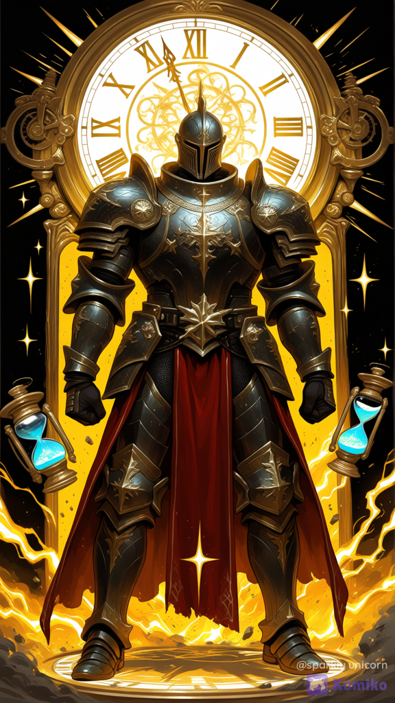 hyper-3D fantasy illustration, octane render style, intricate maximalist composition with extreme high-frequency detail. Ultra-cinematic full shot of a powerful muscular knight with an incredibly buff towering physique. Wearing legendary black and gold, hyper-battle-worn steel plate armor, covered in millions of microscopic scratches, deep battle dents, and ultra exquisite silver engravings with sharp metallic reflections. The scene features intense strong contrast and rich vivid colors of volatile, fiery oranges, radiant golds, and deep crimson reds. Networks of blindingly bright orange and golden temporal lightning arcs and chaotic energy tendrils violently wrap around the knight’s body, swirling aura vortex of blue and gold with gold sparkles, Intricate floating elements explicitly fill the atmosphere: glowing clock cogs, rotating mechanical clockwork gears, celestial Roman numeral clock face in background, and floating shattered hour glasses pouring neon glowing sand. Clean dramatic shadows, highly eye-catching focal points, jaw-dropping theme density, high intensity contrast, [sweet-painting-style]