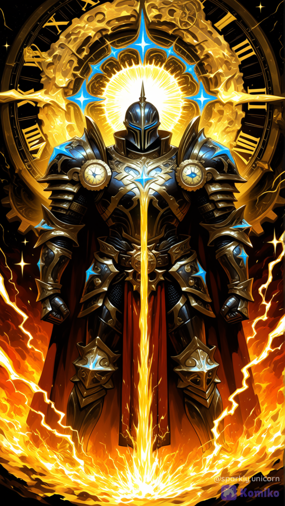 hyper-3D fantasy illustration, octane render style, intricate maximalist composition with extreme high-frequency detail. Ultra-cinematic full shot of a powerful muscular knight with an incredibly buff towering physique. Wearing legendary black and gold, hyper-battle-worn steel plate armor, covered in millions of microscopic scratches, deep battle dents, and ultra exquisite silver engravings with sharp metallic reflections. The scene features intense strong contrast and rich vivid colors of volatile, fiery oranges, radiant golds, and deep crimson reds. Networks of blindingly bright orange and golden temporal lightning arcs and chaotic energy tendrils violently wrap around the knight’s body, swirling aura vortex of blue and gold with gold sparkles, Intricate floating elements explicitly fill the atmosphere: glowing clock cogs, rotating mechanical clockwork gears, celestial Roman numeral clock face in background, and floating shattered hour glasses pouring neon glowing sand. Clean dramatic shadows, highly eye-catching focal points, jaw-dropping theme density, high intensity contrast, [sweet-painting-style]