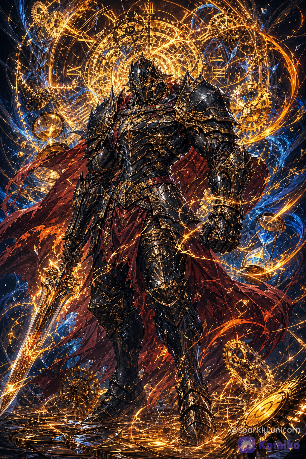 colored pencil, colored pencil texture, sketchy lineart, painterly, pastel colors, soft shading, blush, sketchy line art, high contrast lighting, expressive anime illustration, 8k, highly clean composition, hyper-3D fantasy illustration, octane render style, intricate maximalist composition with extreme high-frequency detail. Ultra-cinematic full shot of a powerful muscular knight with an incredibly buff towering physique. Wearing legendary black and gold, hyper-battle-worn steel plate armor, covered in millions of microscopic scratches, deep battle dents, and ultra exquisite silver engravings with sharp metallic reflections. The scene features intense strong contrast and rich vivid colors of volatile, fiery oranges, radiant golds, and deep crimson reds. Networks of blindingly bright orange and golden temporal lightning arcs and chaotic energy tendrils violently wrap around the knight’s body, swirling aura vortex of blue and gold with gold sparkles, Intricate floating elements explicitly fill the atmosphere: glowing clock cogs, rotating mechanical clockwork gears, celestial Roman numeral clock face in background, and floating shattered hour glasses pouring neon glowing sand. Clean dramatic shadows, highly eye-catching focal points, jaw-dropping theme density, high intensity contrast