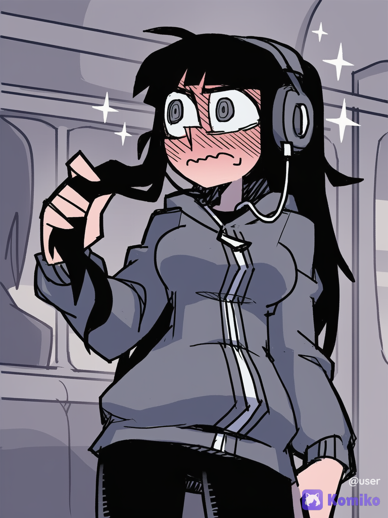 [pop-sketch-style], 1girl, holding hair, parka, headphones, black hair, looking away, sparkle, subway