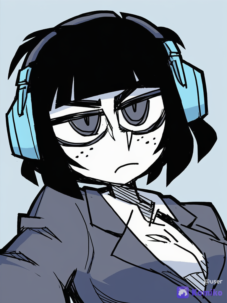 [pop-sketch-style], 1girl, selfie, headphones, black hair, portrait, sparkle, bob cut, office outfit