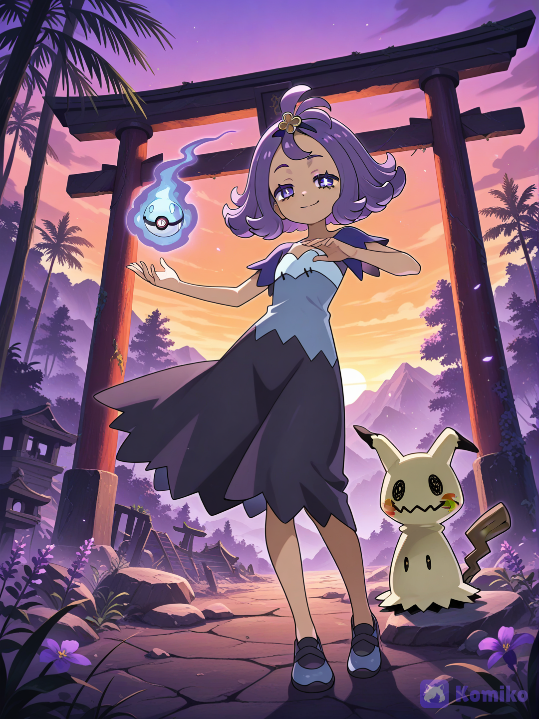 @Acerola_(Pokemon), standing confidently at the beginning of a Pokémon battle, intimidating trainer mode, serious and determined expression, narrowed sparkling violet eyes, subtle confident smirk, looking directly toward her opponent, one hand raised as if preparing to send out a Poké Ball, the other hand relaxed at her side, strong and composed posture, shoulders slightly forward, conveying quiet confidence and mysterious intensity, her lavender hair and clothing gently moving in the evening breeze, subtle ghostly aura surrounding her, small wisps of pale violet energy drifting around her, Mimikyu standing beside her in a protective battle-ready stance, both clearly prepared for the upcoming duel, an atmospheric Alolan ghost-type battle location at twilight, an ancient overgrown shrine hidden within a tropical forest, weathered stone pathways, old wooden torii gates, tropical plants and palm leaves surrounding the ruins, purple flowers growing between the stones, faint mist covering the ground, distant mountains silhouetted beneath a deep violet and orange sunset sky, soft moonlight beginning to appear above the horizon, mysterious floating lights and tiny ghostly wisps illuminating the surroundings, dramatic rays of fading sunlight filtering through the trees, cinematic atmosphere, beautiful contrast between warm sunset light and cool violet shadows, dynamic three-quarter composition, slightly low camera angle to emphasize Acerola's confident presence, full-body character framing, opponent implied just beyond the foreground, strong visual focus on Acerola's eyes and determined expression, polished anime illustration, elegant anime proportions, character design, expressive eyes, sophisticated lighting, delicate linework, soft cel shading, atmospheric depth, dramatic but wholesome Pokémon adventure feeling, highly official-anime-inspired quality, [glossy-anime-style]