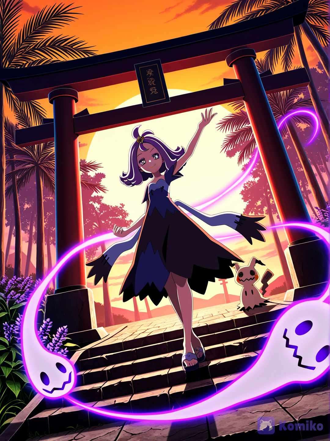 @Acerola_(Pokemon), standing confidently at the beginning of a Pokémon battle, intimidating trainer mode, serious and determined expression, narrowed sparkling violet eyes, subtle confident smirk, looking directly toward her opponent, one hand raised as if preparing to send out a Poké Ball, the other hand relaxed at her side, strong and composed posture, shoulders slightly forward, conveying quiet confidence and mysterious intensity, her lavender hair and clothing gently moving in the evening breeze, subtle ghostly aura surrounding her, small wisps of pale violet energy drifting around her, Mimikyu standing beside her in a protective battle-ready stance, both clearly prepared for the upcoming duel, an atmospheric Alolan ghost-type battle location at twilight, an ancient overgrown shrine hidden within a tropical forest, weathered stone pathways, old wooden torii gates, tropical plants and palm leaves surrounding the ruins, purple flowers growing between the stones, faint mist covering the ground, distant mountains silhouetted beneath a deep violet and orange sunset sky, soft moonlight beginning to appear above the horizon, mysterious floating lights and tiny ghostly wisps illuminating the surroundings, dramatic rays of fading sunlight filtering through the trees, cinematic atmosphere, beautiful contrast between warm sunset light and cool violet shadows, dynamic three-quarter composition, slightly low camera angle to emphasize Acerola's confident presence, full-body character framing, opponent implied just beyond the foreground, strong visual focus on Acerola's eyes and determined expression, polished anime illustration, elegant anime proportions, character design, expressive eyes, sophisticated lighting, delicate linework, soft cel shading, atmospheric depth, dramatic but wholesome Pokémon adventure feeling, highly official-anime-inspired quality, [bold-anime-screencap-style]
