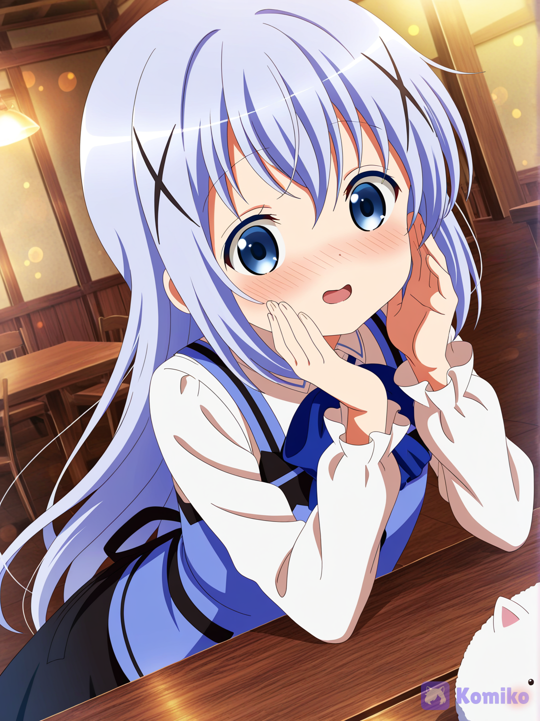 @Kafuu Chino (Gochuumon wa Usagi desu ka?), wearing Rabbit House uniform: blue dress with white frills, white blouse, large blue bow tie, leaning forward pose with hand near cheek, shy embarrassed smile, heavy blush, whispering to customer about special price, in Rabbit House cafe interior, warm lighting. Behind her, Tippy with shocked surprised expression, eyes wide, mouth open, thinking "there is no special price here". Cozy cafe atmosphere, wooden tables, soft bokeh background, anime style illustration, cute and innocent scene, [bold-anime-screencap-style]