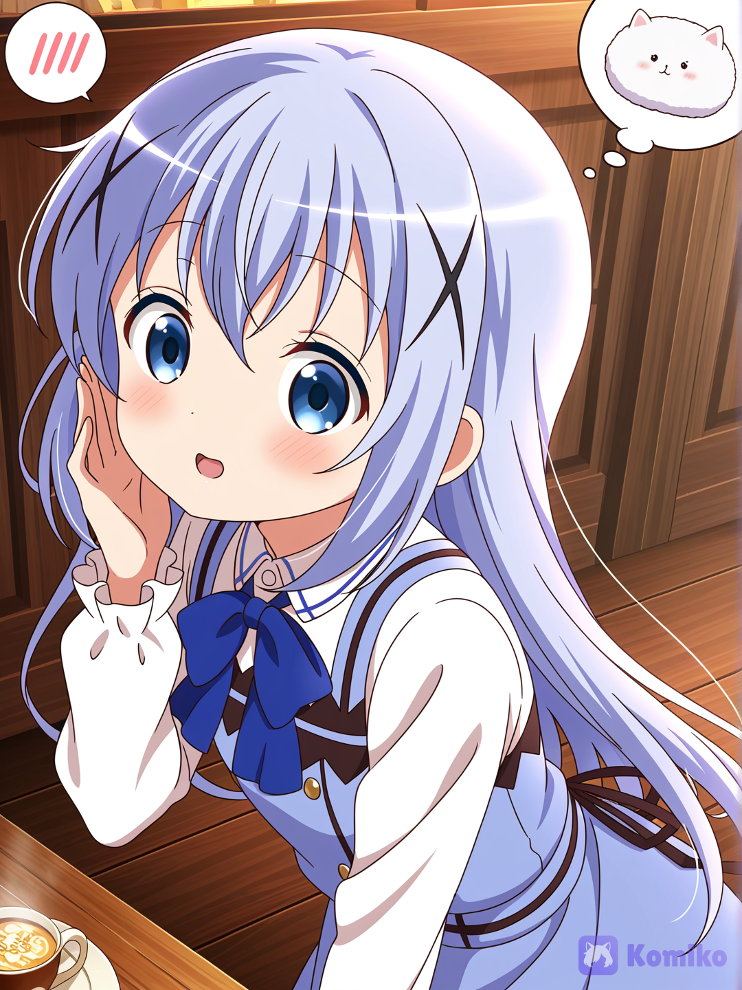 @Kafuu Chino (Gochuumon wa Usagi desu ka?), wearing Rabbit House uniform: blue dress with white frills, white blouse, large blue bow tie, leaning forward pose with hand near cheek, shy embarrassed smile, heavy blush, whispering to customer about special price, in Rabbit House cafe interior, warm lighting. Behind her Tippy with shocked surprised expression, eyes wide, mouth open, thinking "there is no special price here". Cozy cafe atmosphere, wooden tables, soft bokeh background, anime style illustration, cute and innocent scene, [bold-anime-screencap-style]