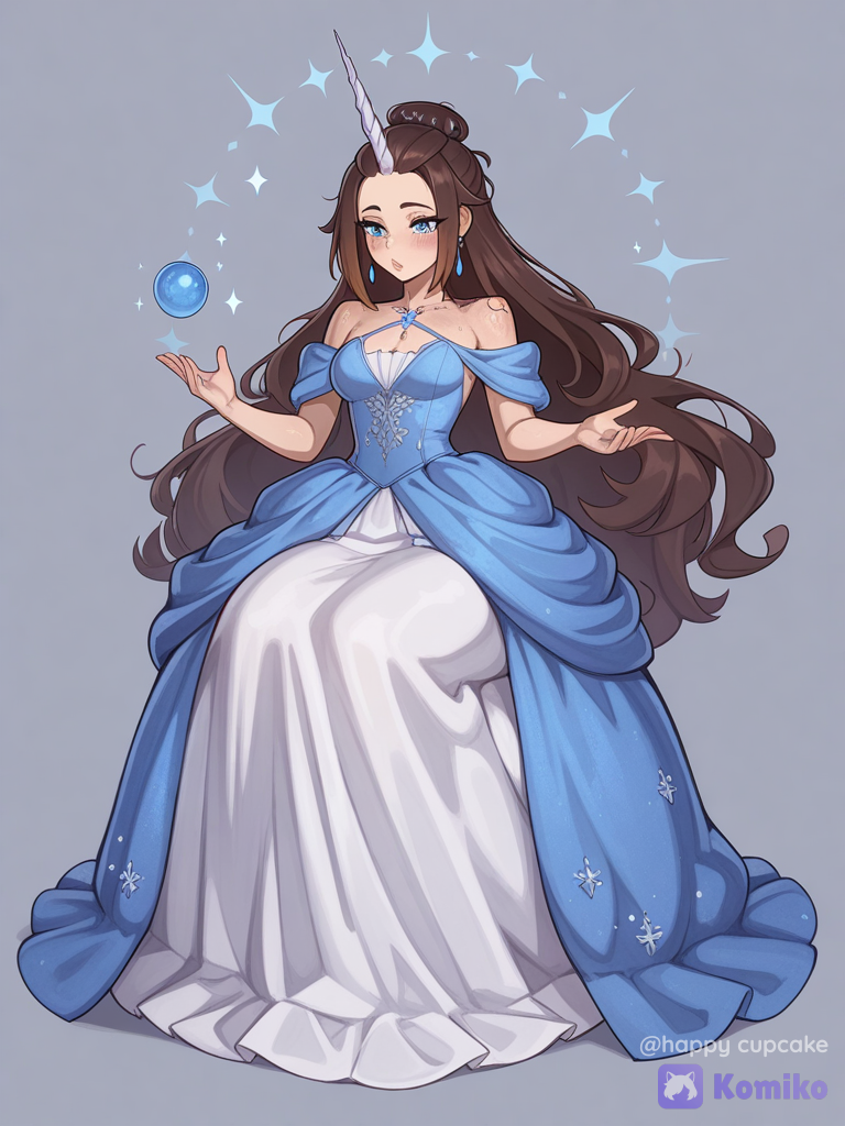 [warm-storybook-style], Beautiful unicorn princess girl, 26 years old, bright blue eyes, very long dark-brown hair, without bangs, pinned back, blue ball gown with crystals, white long unicorn horn, royal outfit, castle, floating