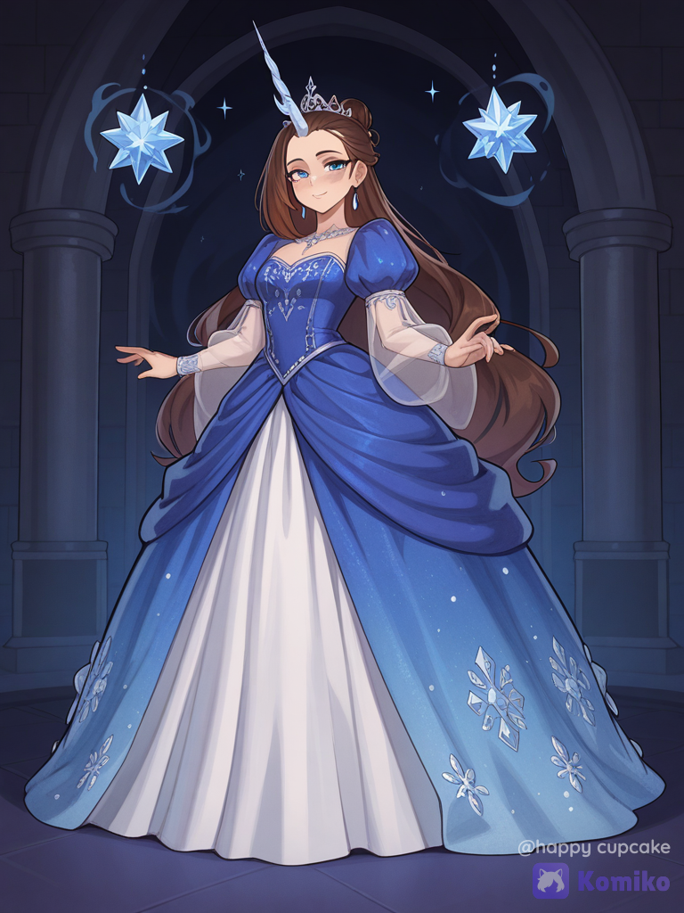 [warm-storybook-style], Beautiful unicorn princess girl, 26 years old, bright blue eyes, very long dark-brown hair, without bangs, pinned back on the sides, blue ball gown with crystals, white long unicorn horn, royal outfit, castle, floating