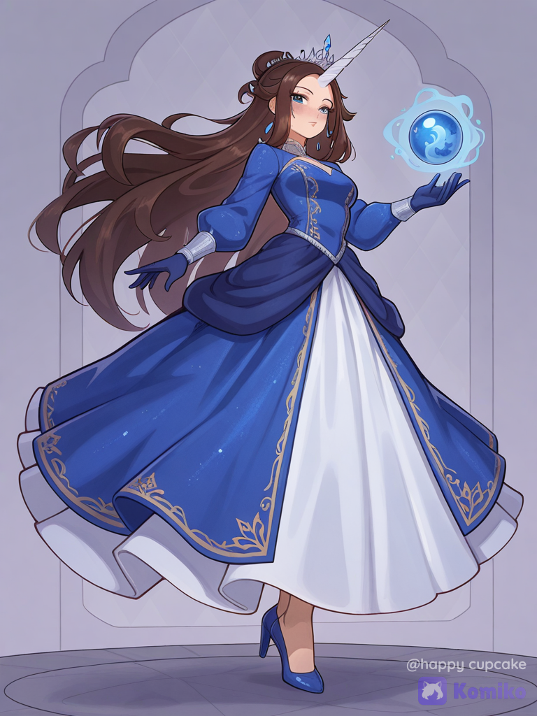 [warm-storybook-style], Beautiful unicorn princess girl, 26 years old, bright blue eyes, very long dark-brown hair, without bangs, pinned on the sides, blue ball gown with crystals, white long unicorn horn, royal outfit, castle, floating