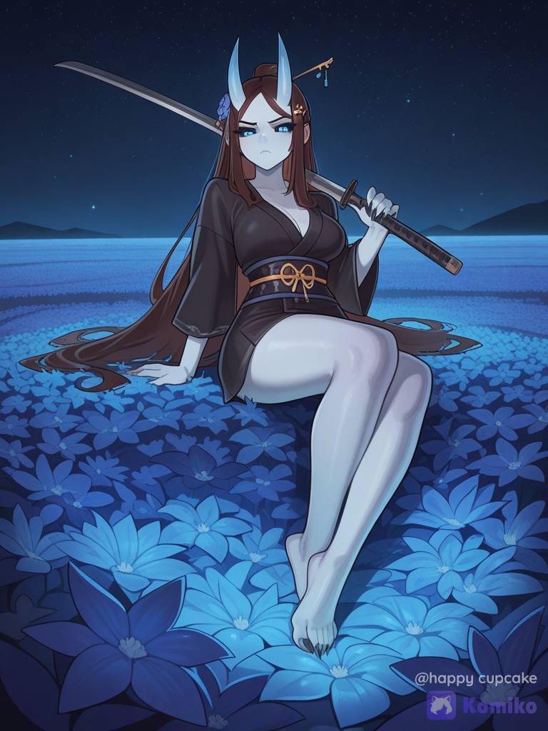 [warm-storybook-style], White skin, very long dark brown hair, no bangs, strands on the sides, blue eyes, black whites, a beautiful body, light Japanese-style makeup, demon horns, blue hands and feet with long claws, a short black kimono, over-the-shoulder shot, glowing particles, night, flower field, starry sky, side part, barefoot, frown, hairpin
