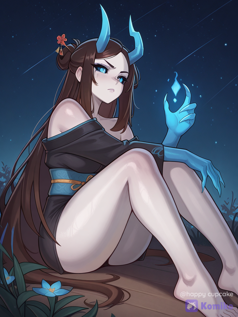 [warm-storybook-style], White skin, very long dark brown hair, no bangs, strands on the sides, blue eyes, black whites, a beautiful body, light Japanese-style makeup, demon horns, blue hands and feet with long claws, a short black kimono, over-the-shoulder shot, glowing particles, night, flower field, starry sky, side part, barefoot, frown, hairpin, sitting on the ground