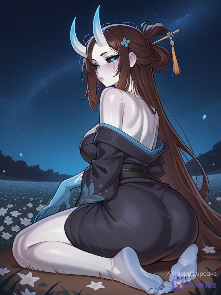 [warm-storybook-style], White skin, very long dark brown hair, no bangs, strands on the sides, blue eyes, black whites, a beautiful body, light Japanese-style makeup, demon horns, blue hands and feet with long claws, a short black kimono, over-the-shoulder shot, glowing particles, night, flower field, starry sky, side part, barefoot, hairpin, sitting on the ground, blush