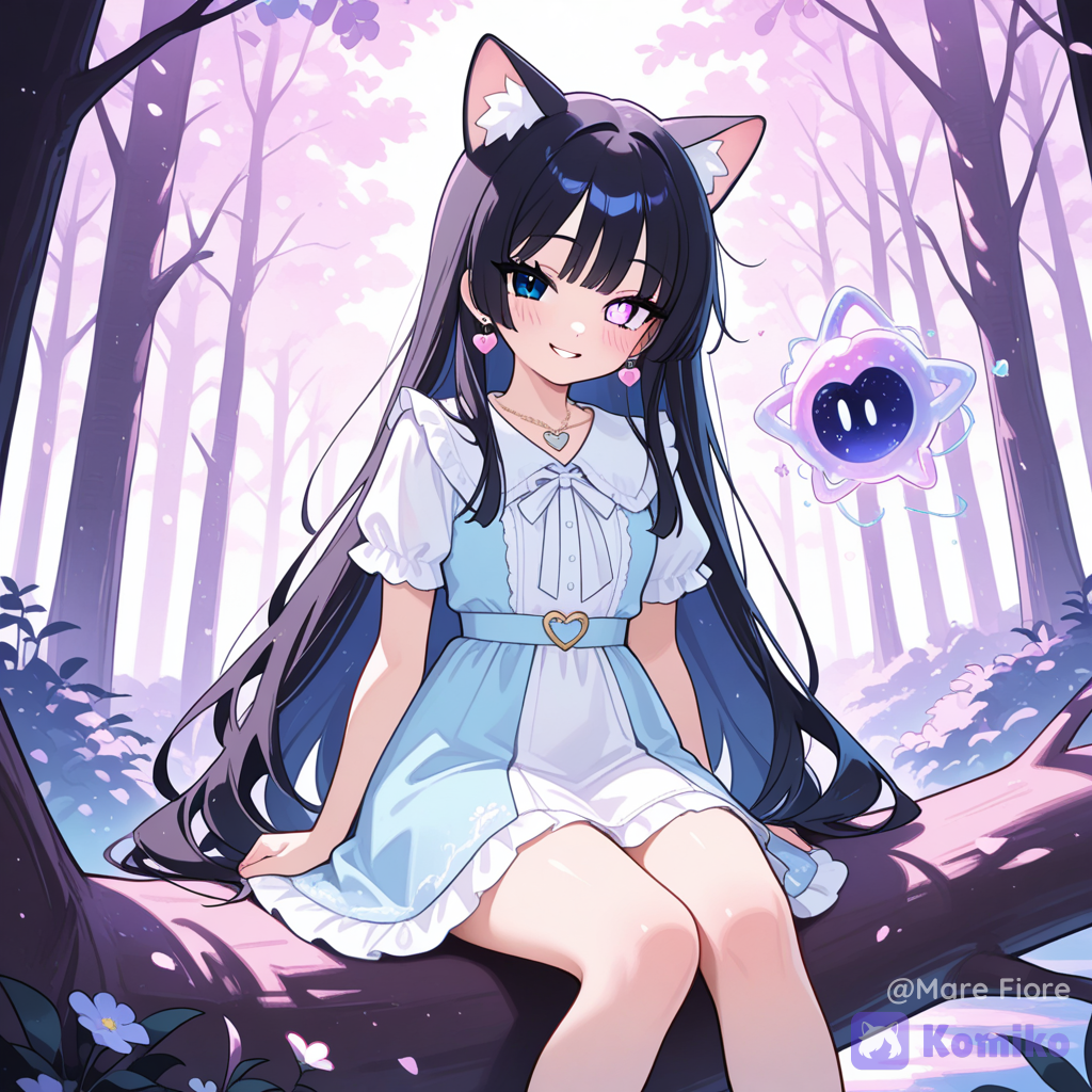 Niña princesa diosa que representa el elemento de la vida que tenga un vestido blanca y azul y de cabello de color negro natural largo liso y ojos de dos colores y que tenga aritos de forma de corazon y que tenga un collar de orejas de gatito que sea linda y bonito estilo de arte yamikawaii estilo POISONPOP Cady anime 2d con colores pasteles que este sentada en un árbol de un bosque