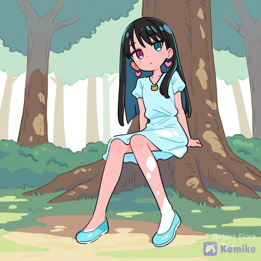 [flat-pastel-style], Niña princesa diosa que representa el elemento de la vida que tenga un vestido blanca y azul y de cabello de color negro natural largo liso y ojos de dos colores y que tenga aritos de forma de corazon y que tenga un collar de orejas de gatito que sea linda y bonito estilo de arte yamikawaii estilo POISONPOP Cady anime 2d con colores pasteles que este sentada en un árbol de un bosque