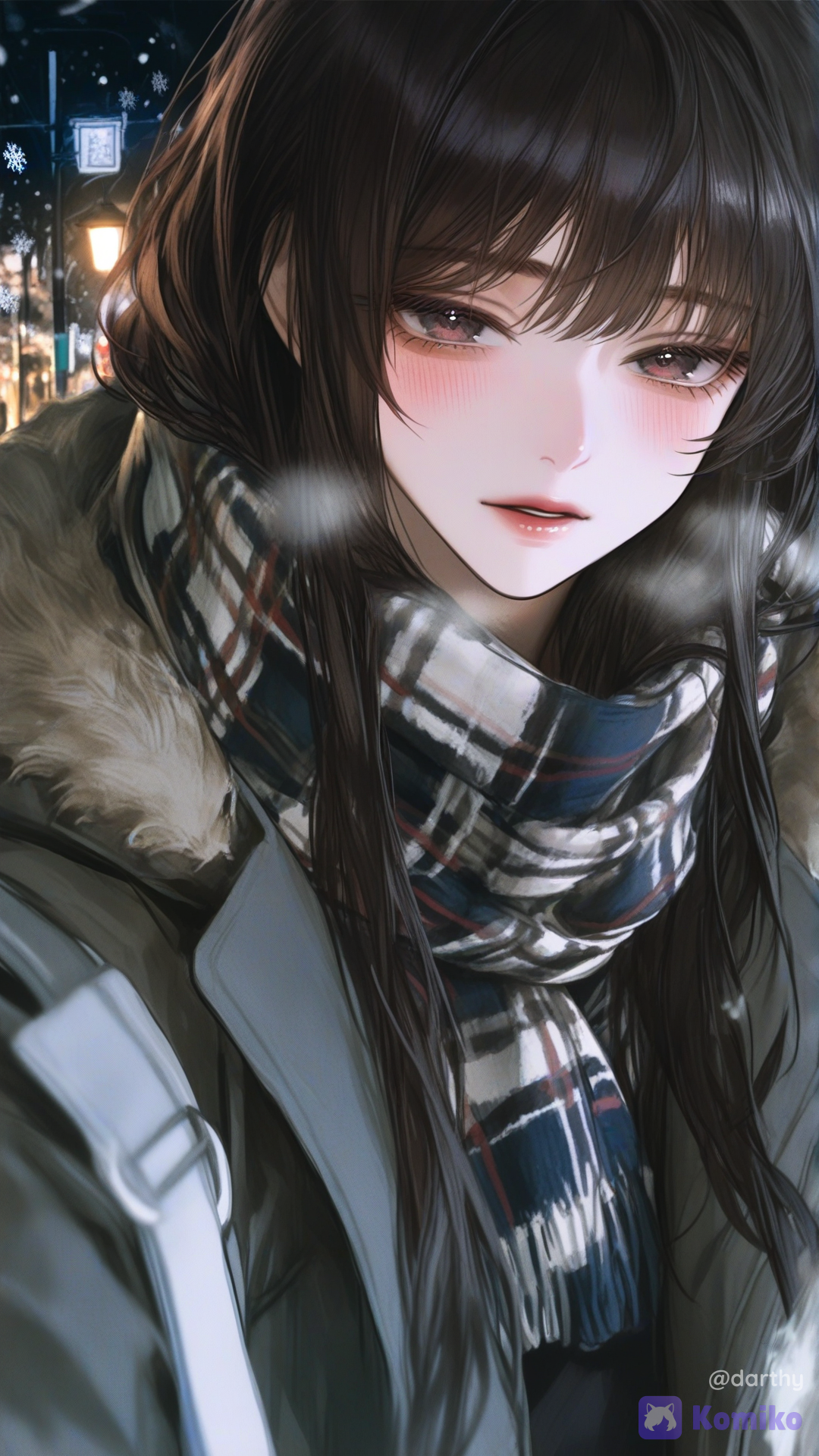 1girl, walking through snowy street, long coat, scarf, falling snow, street lamps, evening, soft lighting, cinematic universe, [semi-realistic-portrait-style]