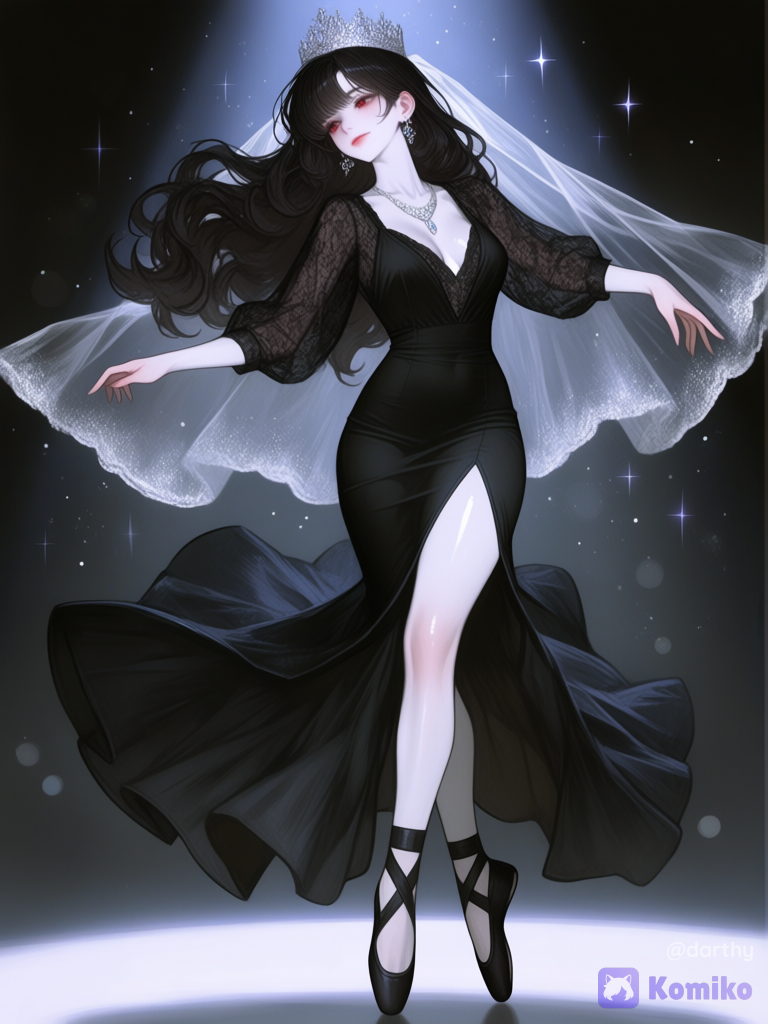 [semi-realistic-portrait-style], @zora-bFdy, dancing,floating, lace blouse, anklet, wedding veil, jewelry, ballet slippers, full body, studio lighting, cinematic lighting, ballroom, sparkle, spotlight, ethereal lighting