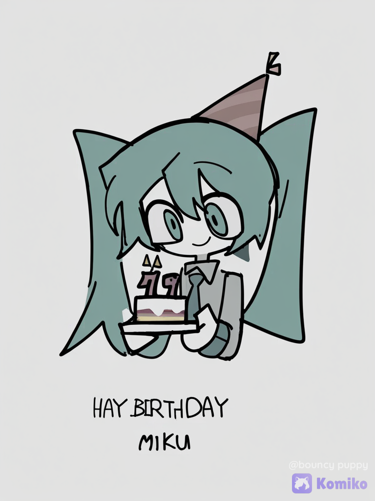 [pop-sketch-style], 1girl, hatsune miku，帶著生日帽，笑，半身照，拿著生日蛋糕，背景寫著8/31