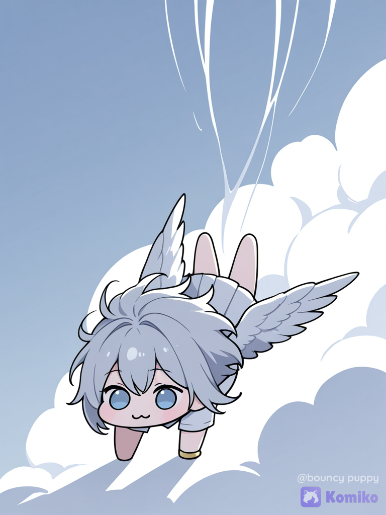 1girl, polo shirt, pleated skirt, silk, bracelet, wings, angle wings, silver hair, messy hair, barefoot, ivory white, klein blue, ultra-wide shot, ethereal lighting, cloudy sky,, falling, [doro-style]