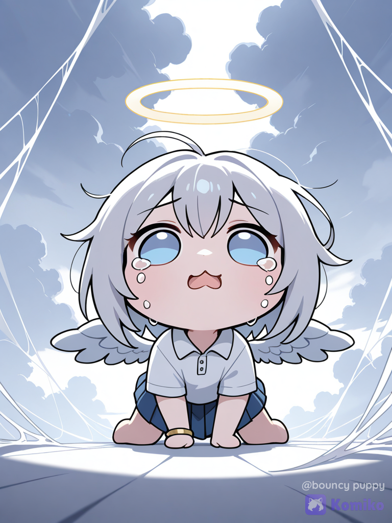 1girl, polo shirt, pleated skirt, silk, bracelet, wings, angle wings, silver hair, messy hair, barefoot, ivory white, klein blue, ultra-wide shot, ethereal lighting, cloudy sky,, [doro-style], sitting on the ground, wiping tears, crying