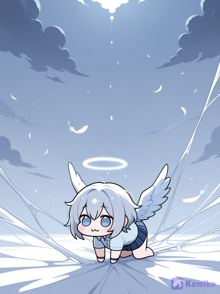1girl, polo shirt, pleated skirt, silk, bracelet, wings, angle wings, silver hair, messy hair, barefoot, ivory white, klein blue, ultra-wide shot, ethereal lighting, cloudy sky,, falling, [doro-style]