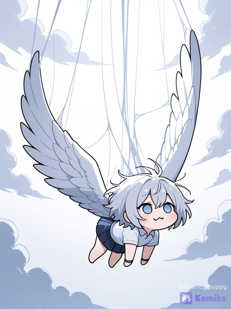 1girl, polo shirt, pleated skirt, silk, bracelet, wings, angle wings, silver hair, messy hair, barefoot, ivory white, klein blue, ultra-wide shot, ethereal lighting, cloudy sky,, falling, [doro-style]