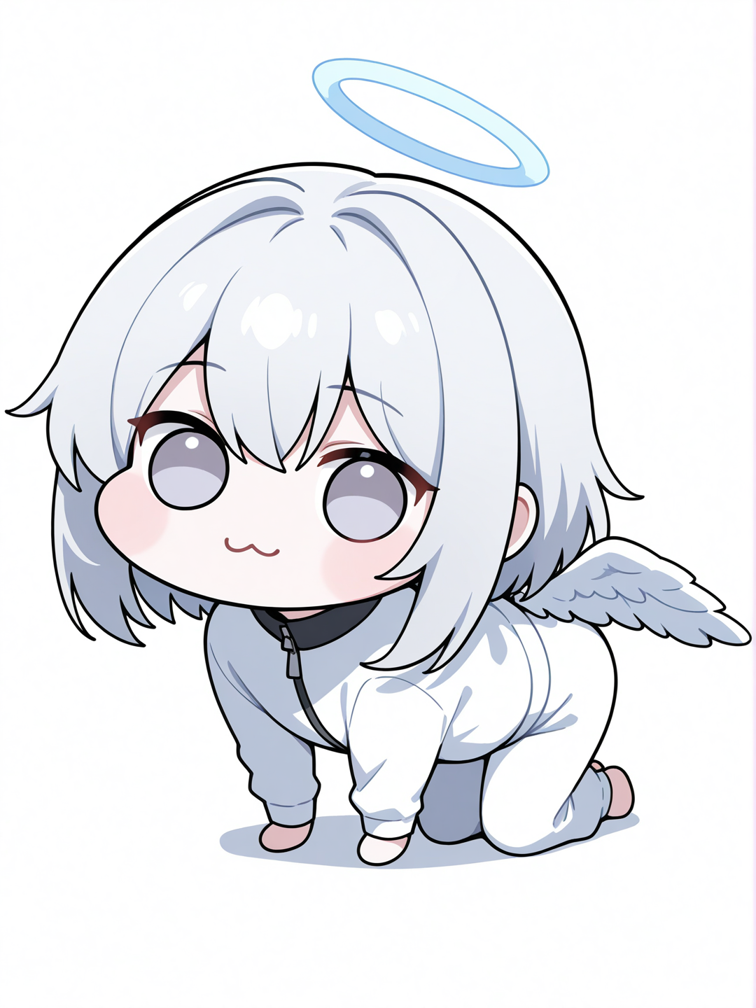 [doro-style]1girl, petite, white hair, gray eyes, angel wings, blue theme, single character, full body, looking at viewer, anime style, simple background, white background