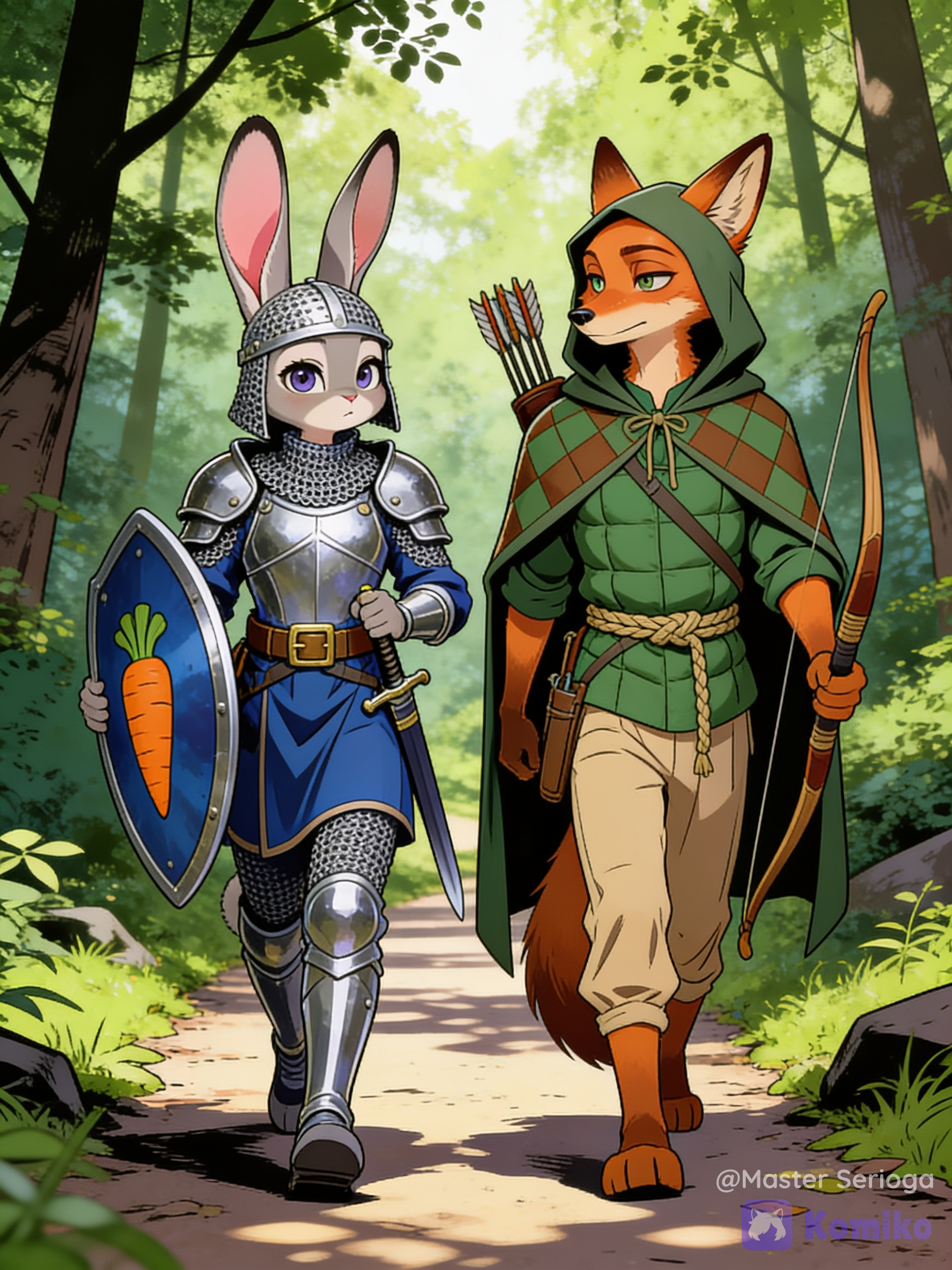 [retro-comic-dots-style]@Judy_Hopps, @Nick_Wilde, D&D-style fantasy art. Judy and Nick are walking together along a forest path.
Judy is clad in chainmail armor with a plate cuirass and a chainmail coif. Over her armor, she wears a blueberry-colored tunic cinched by a belt with a brass buckle, from which a sheathed sword hangs. In her left paw, she holds a matching blueberry-colored targe shield, edged in metal and bearing a carrot emblem.
Nick walks beside her. He is dressed in a green padded tunic tied with a rope belt, light brown linen trousers, and a hooded cloak featuring a brown-and-green diamond pattern. He carries a longbow in one paw, and a quiver of arrows hangs at his waist.