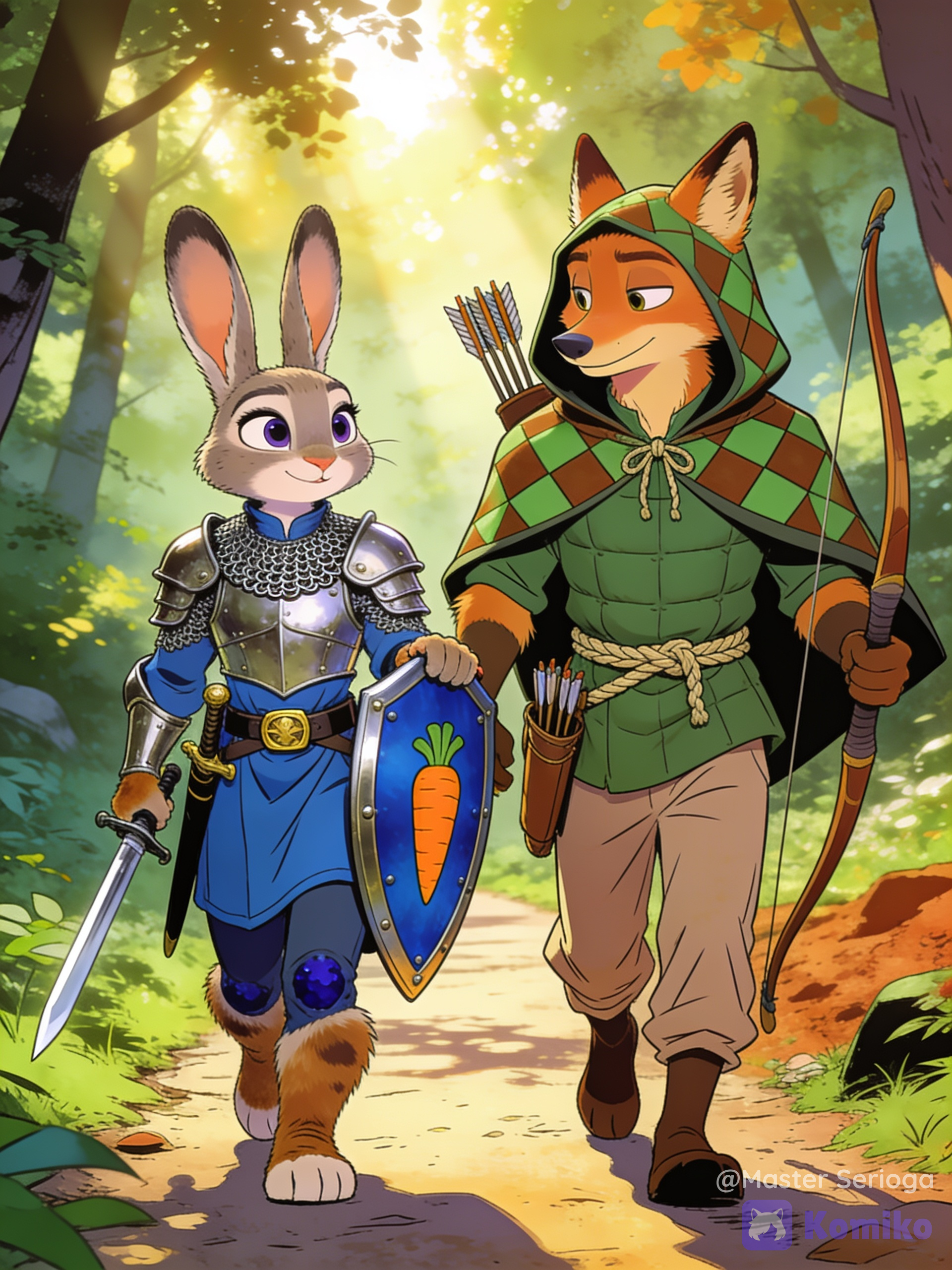 [retro-comic-dots-style]@Judy_Hopps, @Nick_Wilde, D&D-style fantasy art. Judy and Nick are walking together along a forest path. Judy is clad in chainmail armor with a plate cuirass and a chainmail coif. Over her armor, she wears a blueberry-colored tunic cinched by a belt with a brass buckle, from which a sheathed sword hangs. In her left paw, she holds a matching blueberry-colored targe shield, edged in metal and bearing a carrot emblem. Nick walks beside her. He is dressed in a green padded tunic tied with a rope belt, light brown linen trousers, and a hooded cloak featuring a brown-and-green diamond pattern. He carries a longbow in one paw, and a quiver of arrows hangs at his waist.