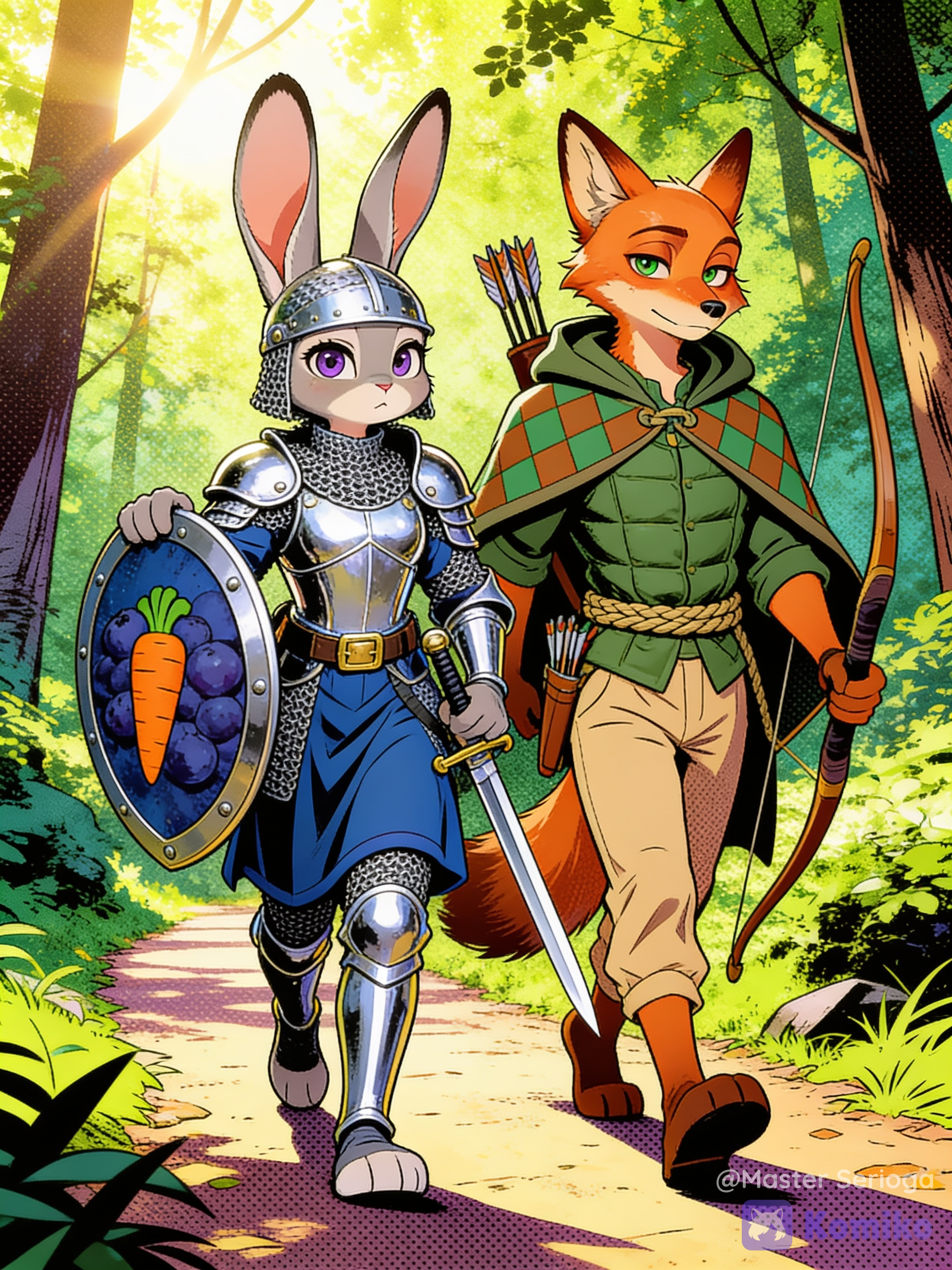 [retro-comic-dots-style]@Judy_Hopps, @Nick_Wilde, D&D-style fantasy art. Judy and Nick are walking together along a forest path. Judy is clad in chainmail armor with a plate cuirass and a chainmail coif. Over her armor, she wears a blueberry-colored tunic cinched by a belt with a brass buckle, from which a sheathed sword hangs. In her left paw, she holds a matching blueberry-colored targe shield, edged in metal and bearing a carrot emblem. Nick walks beside her. He is dressed in a green padded tunic tied with a rope belt, light brown linen trousers, and a hooded cloak featuring a brown-and-green diamond pattern. He carries a longbow in one paw, and a quiver of arrows hangs at his waist.