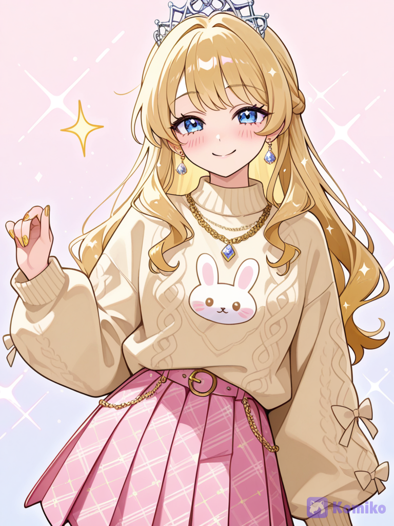 A girl who loves gold and loves diamonds gold diamond and a cute bunny themed love oversized bunny sweaters and it has to be gold she loves butterfly cute skirts