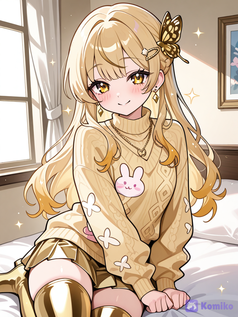 A girl who loves gold and loves diamonds gold diamond and a cute bunny themed love oversized bunny sweaters and it has to be gold she loves butterfly cute skirts
