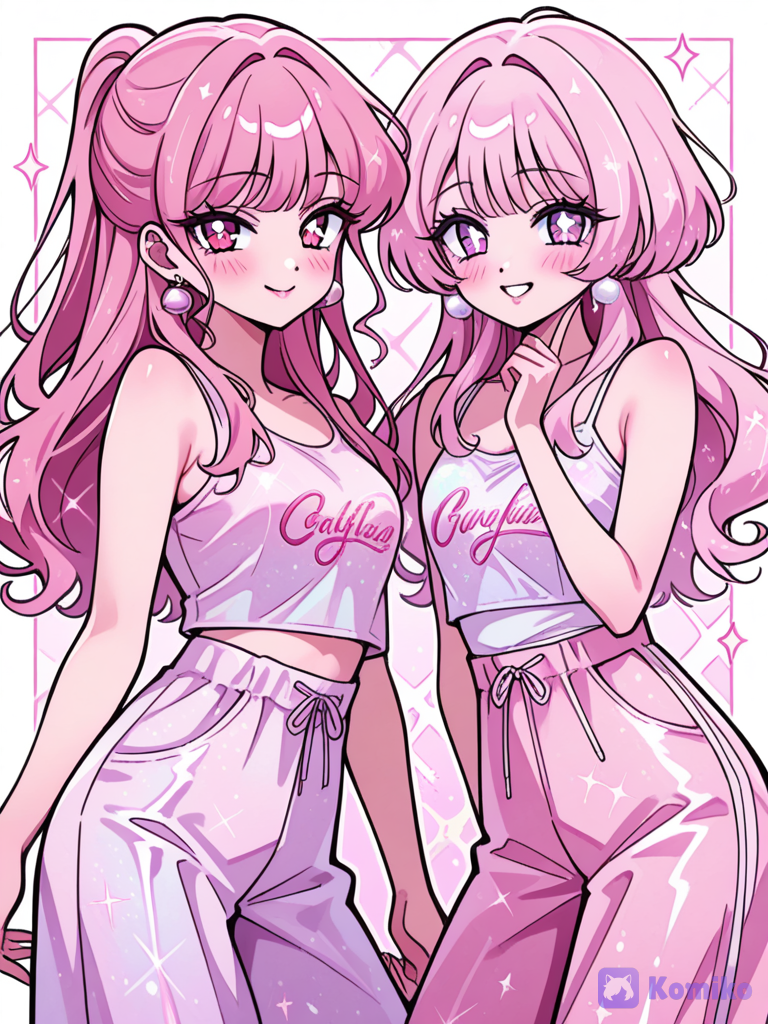 2girls love shimmery pink and loves bellbottoms and sweaters and the other girl loves baggy sweatpants and she loves them to be shimmery and she loves they both love to wear cute tank tops